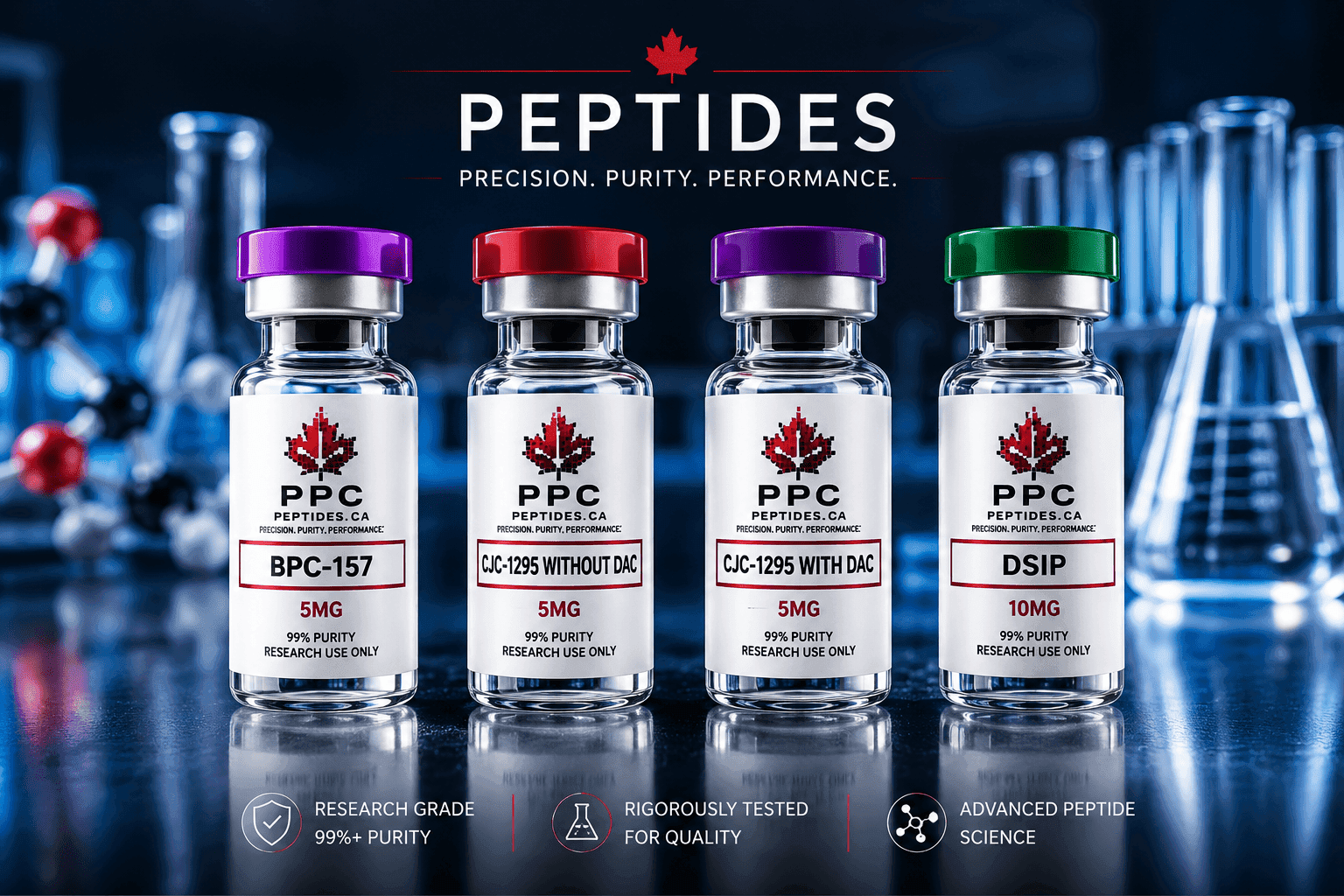 Pharmaceutical-grade peptide vials in a PPC Labs research laboratory